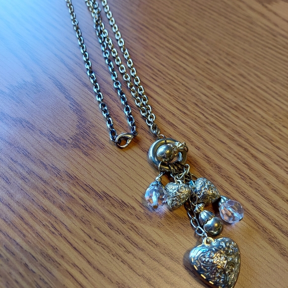 Fashion Necklace w/Puffy Hearts,Metal Beads&Clear Crystal Embellishment. - Picture 2 of 5